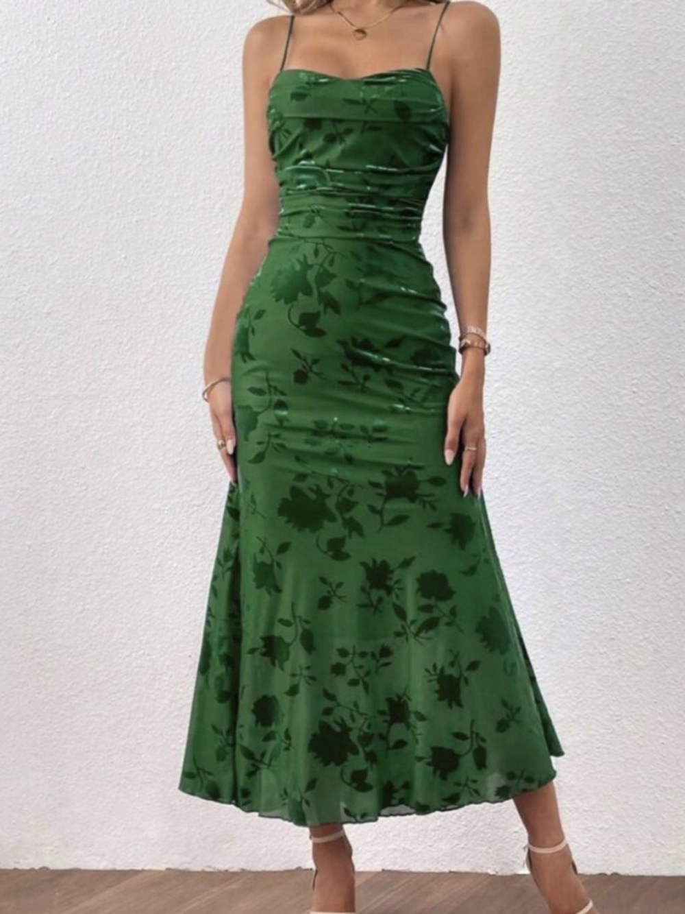 SHEIN Essnce Velvet Floral Print Ruched Cami Slip Midi Dress in Vibrant Green